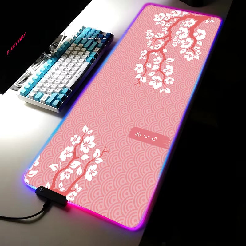 Sakura RGB Mouse Pad Gamer Accessories Large Pink LED Light Mousepads XXL Gaming PC Computer Desk with Backlit Rubber Mouse Mat