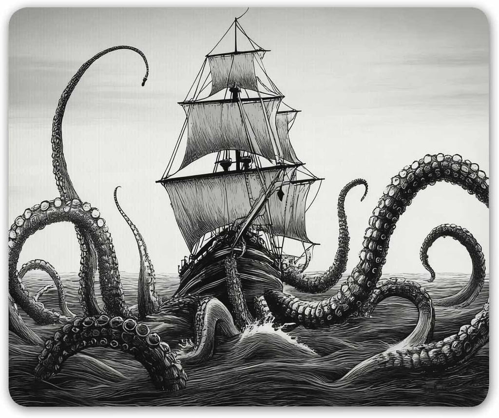 Kraken Mouse Pad - Sail Boat Waves & Octopus - Non-Slip Rubber - Gaming Mouse Pad