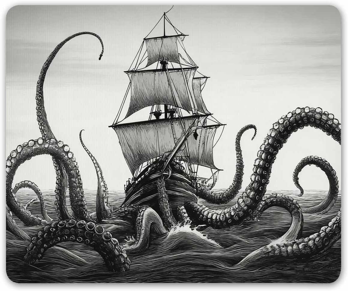 Kraken Mouse Pad - Sail Boat Waves & Octopus - Non-Slip Rubber - Gaming Mouse Pad