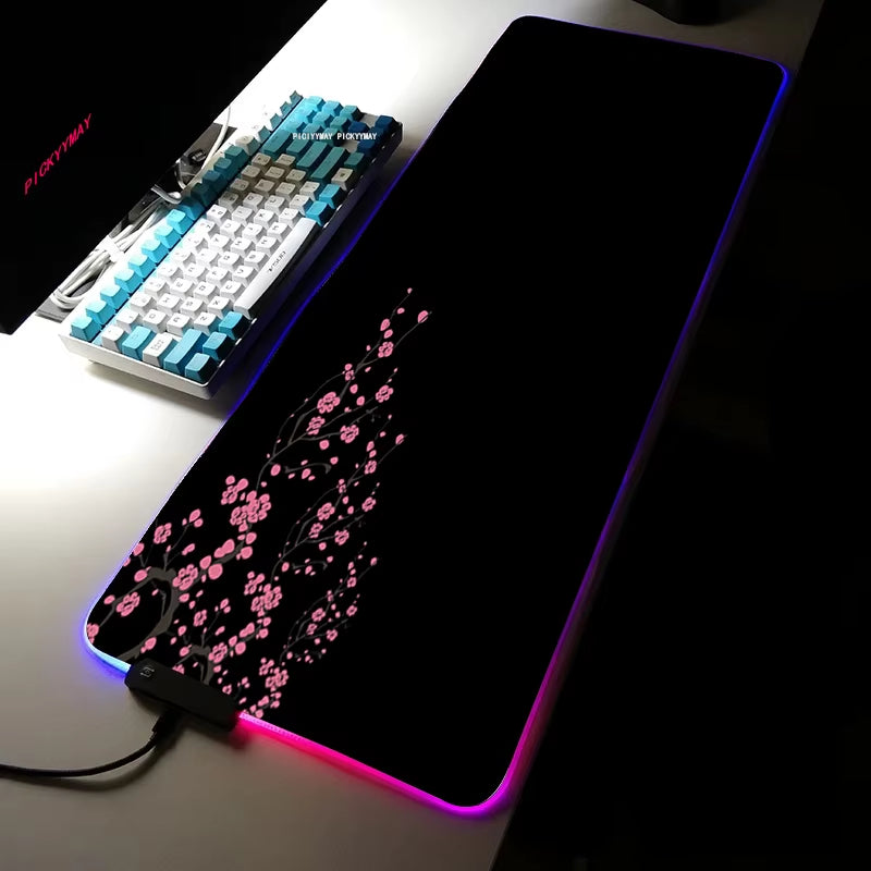 Sakura RGB Mouse Pad Gamer Accessories Large Pink LED Light Mousepads XXL Gaming PC Computer Desk with Backlit Rubber Mouse Mat